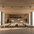 Spacious Conference Room Interior Design With Tiered Seating Podium Ceiling Lights And Large Windows