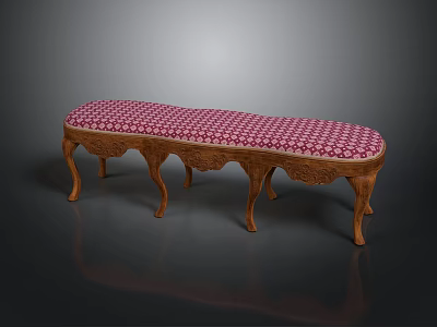 Elegant Classical Wooden Bench With Pink And White Checkered Upholstery And Ornate Carved Legs 3d model