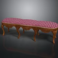 Elegant Classical Wooden Bench With Pink And White Checkered Upholstery And Ornate Carved Legs