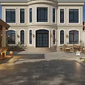 Detached Villa With White Exterior Large Windows Porch Outdoor Pavilion Stone Patio And Landscaped Garden