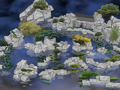 Scenic Garden Ornamental Features With Rock Formations Water Pond And Pavilion Trees 3d model
