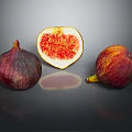 Whole and Halved Figs with Deep Purple and Orange Red Skins on Gray Reflective Background
