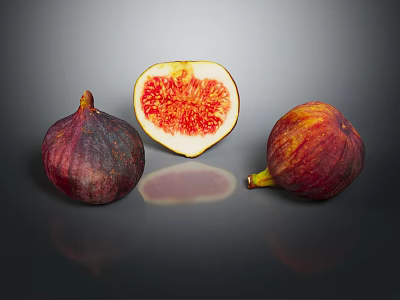 Whole and Halved Figs with Deep Purple and Orange Red Skins on Gray Reflective Background 3d model