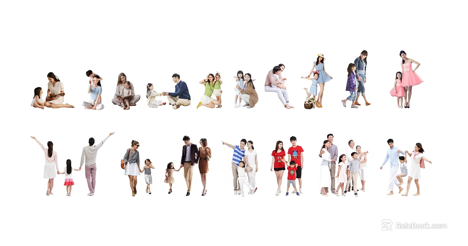 Group of People in Various Poses Interacting with Different Ages and Family Groups 3d model 