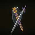 Ornate Medieval Shield And Sword With Blue Surface Red Emblem Yellow Accents