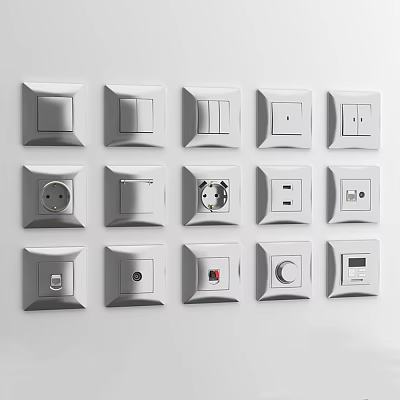 Various Types of Switch Panels Including Toggle Rocker Dimmer Switches and Socket Outlets 3d model