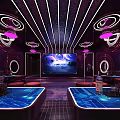 Modern KTV Interior Design With Neon Lights Circular Decorations Leather Sofas And Bar Counter