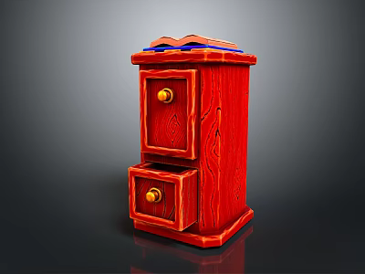 Red Wooden Storage Cabinet With Two Drawers Brass Knobs And Decorative Top 3d model