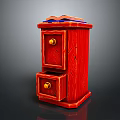 Red Wooden Storage Cabinet With Two Drawers Brass Knobs And Decorative Top