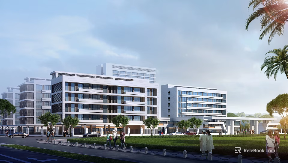 Modern Hospital Building Exterior With Multi Storey Structure Green Lawns Trees People Walking and Cars 3d model 
