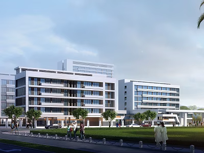 Modern Hospital Building Exterior With Multi Storey Structure Green Lawns Trees People Walking and Cars 3d model