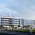 Modern Hospital Building Exterior With Multi Storey Structure Green Lawns Trees People Walking and Cars