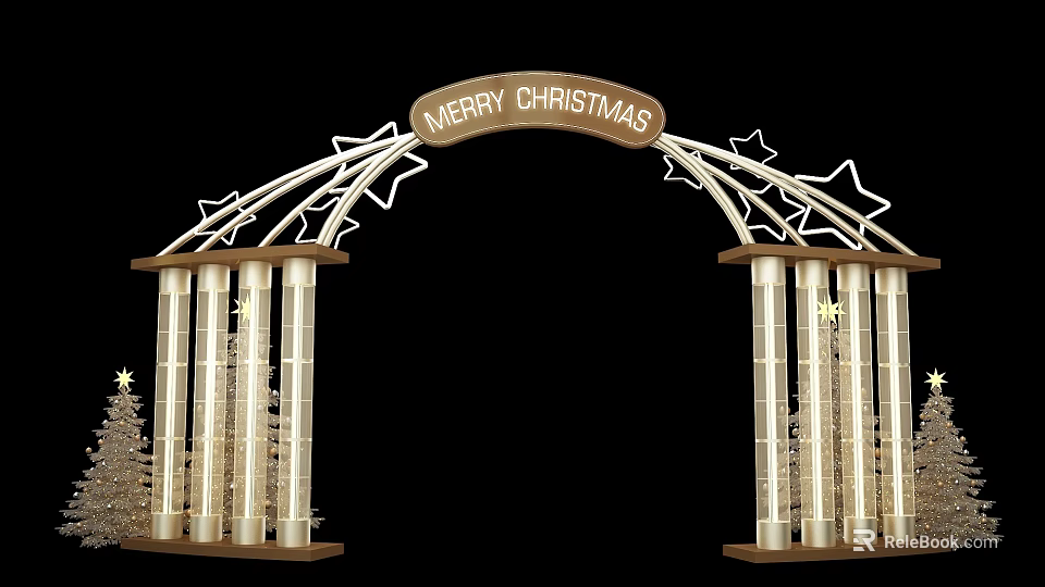 Christmas Event Archway With Merry Christmas Sign Star Decorations And White Pillars 3d model 