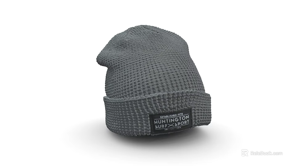 Soft Gray Waffle Knit Beanie With HUNTINGTON SPORT Brand Label 3d model 
