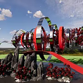 Floral Art Installation With Red Black Sculptural Floral Design Dynamic Ribbon On Green Lawn