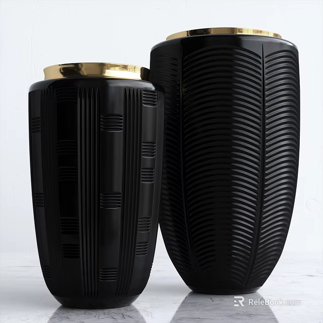 Black Ceramic Vases With Gold Lid And Textured Patterns For Modern Interior Design 3d model