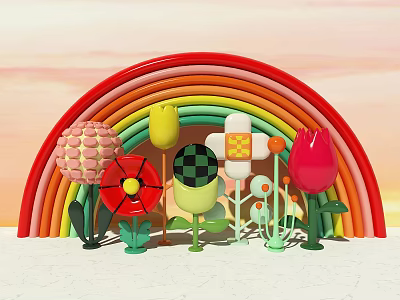 Vibrant Rainbow Arch with Playful Colorful Decorative Flowers in Pastel Sky 3d model