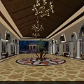 Sacred Religious Faith Hall With Archway Design Chandelier And Ornate Carpet
