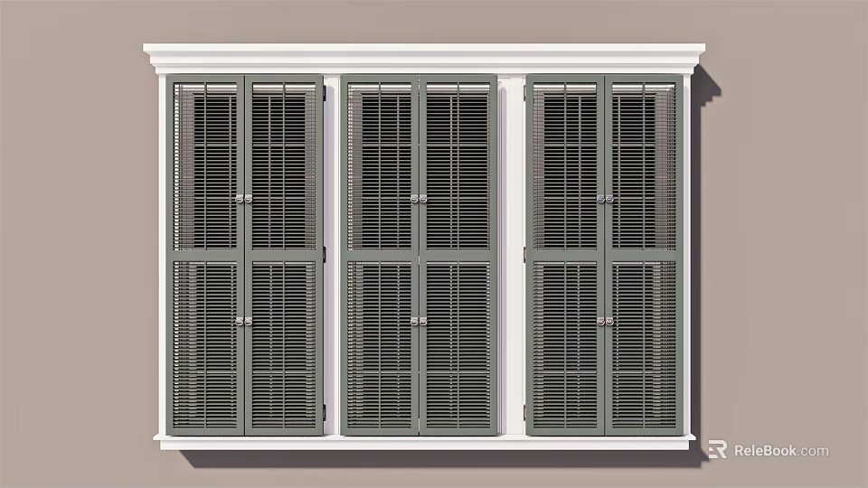 Three Dark Closed Window Shutters With White Frames On Home Windows 3d model 