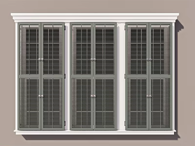 Three Dark Closed Window Shutters With White Frames On Home Windows 3d model