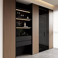 Modern Wine Cabinet With Wooden Panels Black Glass Doors And Open Shelves For Wine Bottles