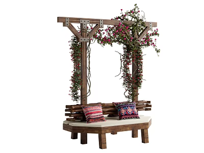 Wooden Pergola with Climbing Vines and Pink Flowers Over Garden Bench with Colorful Pillows 3d model