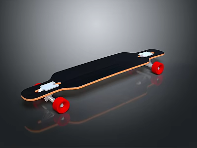 Black Longboard Skateboard With Orange Edge Red Wheels And White Trucks 3d model