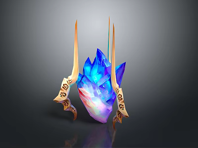 Mythical Character's Creature Inspired Glowing Blue Crystal Armament With Golden Spiked Wings And Symbols 3d model
