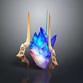 Mythical Character's Creature Inspired Glowing Blue Crystal Armament With Golden Spiked Wings And Symbols