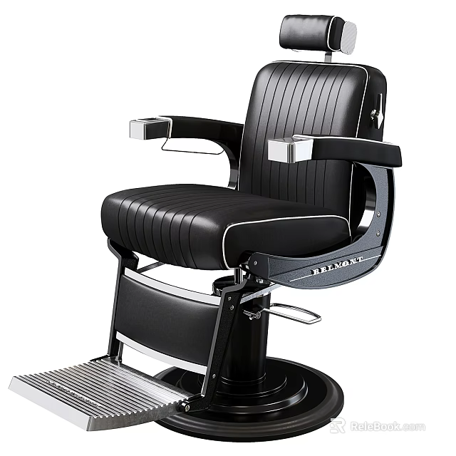 Comfortable Classic Black Barber Chair With Striped Leather And Metal Armrests 3d model 