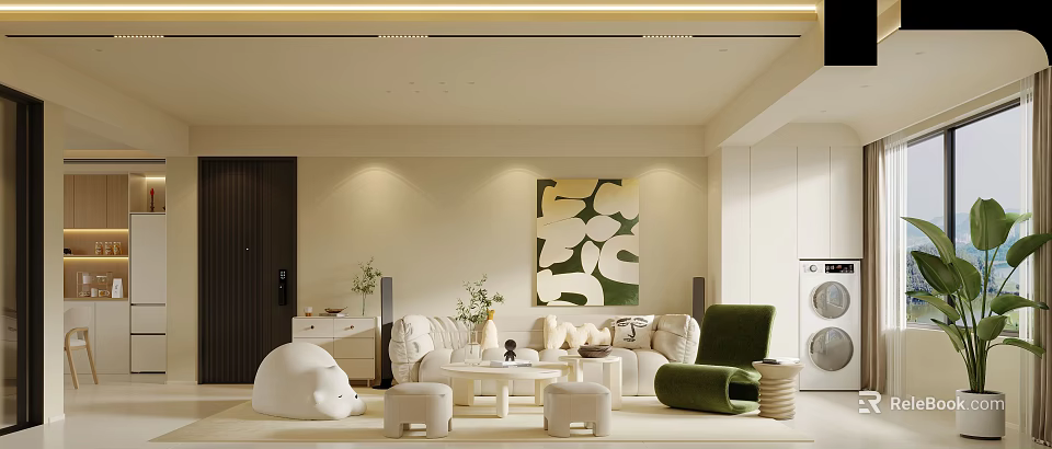 Modern Living and Dining Room Interior With Sofa Coffee Table Abstract Painting And Green Plants 3d model 