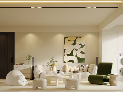 Modern Living and Dining Room Interior With Sofa Coffee Table Abstract Painting And Green Plants 3d model