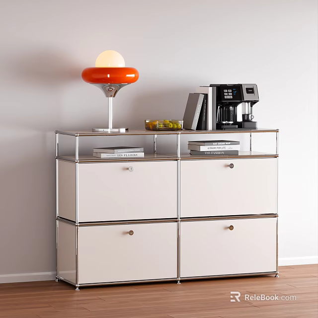 Modern Hallway Cabinet Sideboard With White Drawers Metal Frame Red Lamp Coffee Machine And Books 3d model 