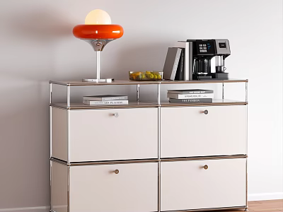 Modern Hallway Cabinet Sideboard With White Drawers Metal Frame Red Lamp Coffee Machine And Books 3d model