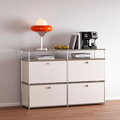 Modern Hallway Cabinet Sideboard With White Drawers Metal Frame Red Lamp Coffee Machine And Books 3d model