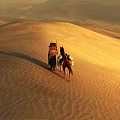 Sunset Over Rolling Desert Sand Dunes With Person Horse And Cloudy Sky