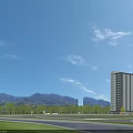Modern High Rise Residential Building With Gray And White Exterior Surrounded By Trees And Mountains