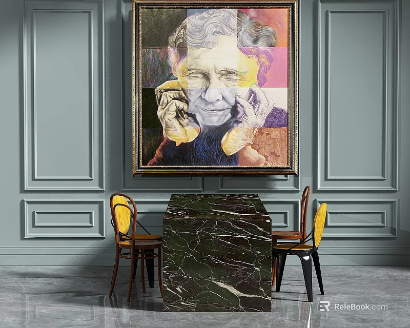 Green Marble Top Dining Table With Yellow Chairs Against Gray Paneled Walls And Abstract Painting 3d model 