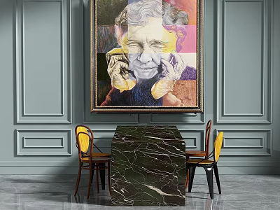 Green Marble Top Dining Table With Yellow Chairs Against Gray Paneled Walls And Abstract Painting 3d model