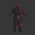 3D Sci Fi Character Model With Red Head Dark Outfit And Red Accents Standing Pose