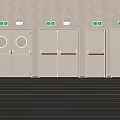 White Safety Exit Doors With Red Horizontal Bars And Green Exit Signs Above Gray Walls