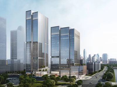 Modern High Rise Office Building Exterior With Glass Curtain Walls Urban Roads And Greenery 3d model