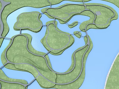 Aerial Planning of Interconnected Green Islands with Blue Water Bodies and Winding Roads 3d model