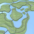 Aerial Planning of Interconnected Green Islands with Blue Water Bodies and Winding Roads