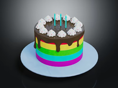 Colorful Rainbow Cake With Chocolate Drizzle White Cream Decorations And Blue Candles On White Plate 3d model