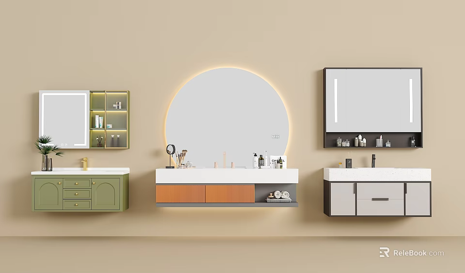 Modern Bathroom Vanity Combos With Round Rectangular Mirrors And Storage Cabinets 3d model