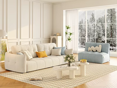 Modern Living Room with White Sofa Blue Armchair Large Windows Green Plant Coffee Table and Rug 3d model