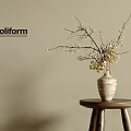Poliform Textured Ceramic Vase with White Blossom Branches on Wooden Stool Against Beige Wall