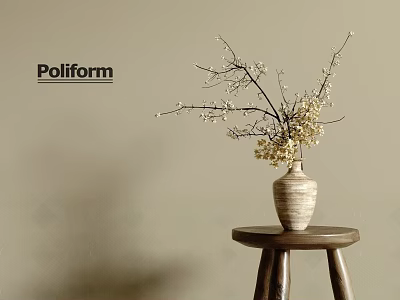 Poliform Textured Ceramic Vase with White Blossom Branches on Wooden Stool Against Beige Wall 3d model