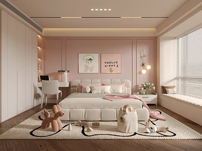 Modern Kids Room With Pink Walls White Bed Study Desk Stuffed Toys And Soft Rug 3d model